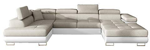 Ecksofa mit Schlaffunktion mit Bettkasten Couch U-Form Polstergarnitur Wohnlandschaft Polstersofa mit Ottomane Couchgranitur - Gonzalo U (Beige+Waiß (Dora 21+Soft 17), Ecksofa Links)