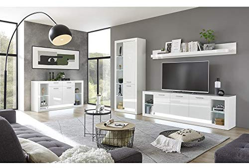 Moderne Wohnwand Komplett Set mit Kommode und Couchtisch, Hochglanz weiß, LED-Beleuchtung, Vitrinenschrank, TV-Lowboard, Wandregal
