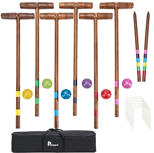 Pointyard Krocket-Set für 6 Spieler, 81,3 cm, Vintage-Stil, Krocket-Set mit Holzschlägeln/farbigem Ball/Wickets/Heringen für Erwachsene/Jugendliche/Familie, perfekt für Rasen/Hinterhof-Spiel/Park