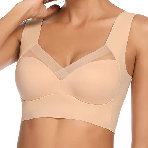 WOWENY BH Damen Ohne Bügel Schlaf Bustier Push up Damen Bralette T Shirt BH Schalen BHS Bügelloser Still Klassischer BH Top Rückenfrei Komfort Weich Beige L