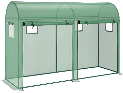 Outsunny Invernadero 300x100x200 cm Caseta de Jardín Invernadero con 4 Ventanas y 2 Puertas para Cultivos Plantas Flores de PE y Acero Verde