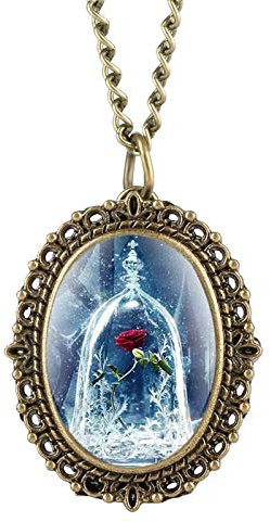 Akopiuto La bella e la bestia Rosa rossa in una cupola di vetro Orologio da tasca al quarzo con collana da 80 cm Ciondolo Regalo romantico souvenir da collezione
