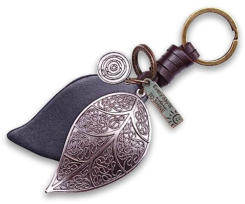 AuPra Leaf Keyring Gift for Women & Men | Handmade Black Leather Key Ring | Vintage Charm for Home, Car & Door Keys | Tree Keychain Present for Her & Him