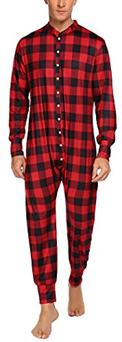Hotouch Herren Schlafoverall Einteiler Pyjama Weich Jumpsuit Baumwolle Thermounterwäsche Lang Overall Onesie Kariert S