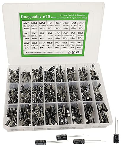 620Pcs Aluminium Electrolytic Capacitor Assortiment Kit 24 Kinds Different Range 0.1uF comfortable Range 0,1uF, 100uF/16V/25V/50V Radial Leads Electrolytic Capacitors for Repair TV, Radio