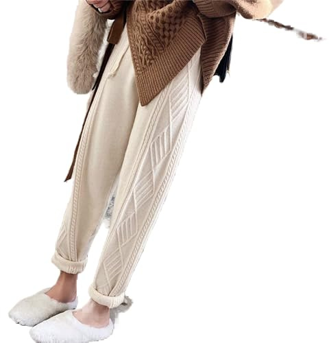 CWENROU Damen Hose Mit Weitem Bein - Winter Damen Verdickte Pluderhose Retro Kordelzug Lässiger Kordelzug Verdrehte Strickhose Warme Pulloverhose Gerades Bein Hose Schlank Schlicht Outdoor Elegant
