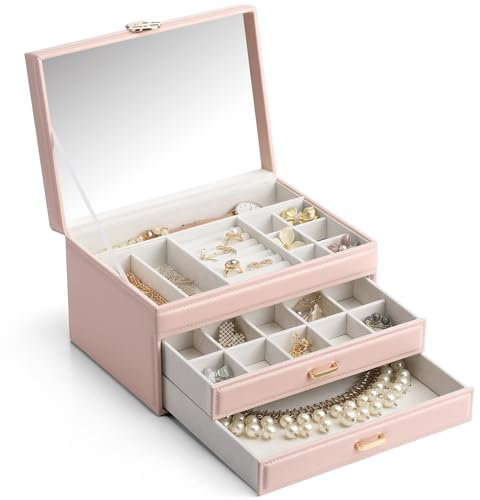 Vlando Schmuckkästchen, große Kapazität, Schmuck-Aufbewahrungsboxen, Kunstleder, Spiegel, Schmuck-Organizer, Box, Ohrringe, Halskette, Ringe, Armband für Mädchen, Damen, Muttertagsgeschenk (Rosa,