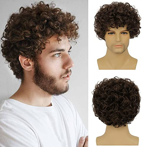 Beweig Kurze Perücke für Männer braun geschichtet gelockt synthetische Halloween-Kostümhaarperücken mit Perückenkappe