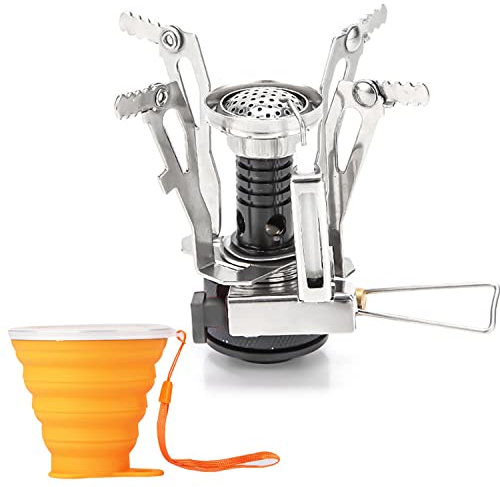Hornillo de mochilero – Hornillo portátil de camping – Pequeña estufa única para bidón de combustible – Mini caldera para senderismo y cocina de gas – Compatible con 4 tipos de combustibles de camping