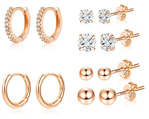Ohrringe Set Roségold, Sterling Silber 925 Ohrringe für Damen, 6Paar 14K Vergoldete Ohrringe Creolen Kleine Ohrstecker mit AAA+ Zirkonia, Hypoallergen Creolen Ohrringe Roségold für Damen Mädchen