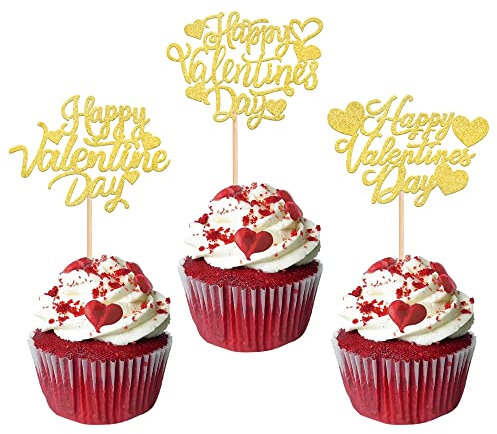 Xsstarmi 30 Stück Happy Valentine's Day Cupcake Toppers Glitzer Valentinstag Cupcake Picks Love Heart Kuchen Dekorationen für Valentinstag Thema Brautdusche Valentinstag Party Supplies Gold