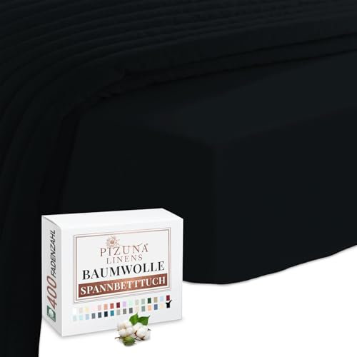Pizuna 400 Fadenzahl Baumwoll-Spannbetttuch 170x200-180x200cm Schwarz,100% Langstapelige Baumwolle Spannbetttuch,Weiche Mako Satin-Webart passt bis 40cm Matratzenhöhe (100% Baumwolle Bettlaken)