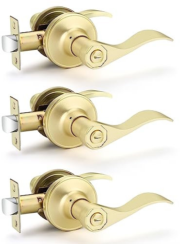 EHOMEWARE Türgriff aus Messing, Innentürgriff, Privatsphäre, Türdrücker für Schlafzimmer, Badezimmer, Wellentürhebel, 3 Stück