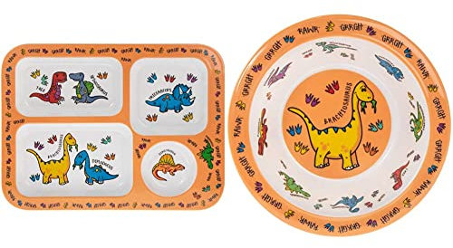 Lesser & Pavey LP42488A Dinosaur Plate Tray, Melamine, 30 x 23 x 2cm & Kids Bowl | Dinosaur Design | 1 Piece | Multicoloured | 16.5 cm x 16.5 cm x 4.5 cm