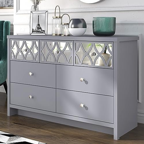 Galano Iris 3+4 Drawer Chest – Modern Dresser Cabinet with Mirrored Drawer – Bedroom, Hallway, Living Room Storage Organizer (Grey)