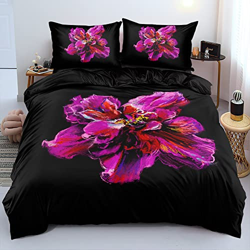 Chanyuan Bettwäsche 200x220cm Blumen Lila Rot Muster Mädchenbettwäsche Set Weich Mikrofaser Blume Schwarz Bettbezug mit Reißverschluss und Kissenbezug 80x80cm