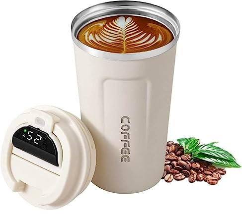 Termo de Café para Llevar - Taza de Viaje de Acero Inoxidable A Prueba de Fugas - Pantalla LED Táctil Inteligente Con Temperatura - Doble Pared de Aislamiento - 380ml