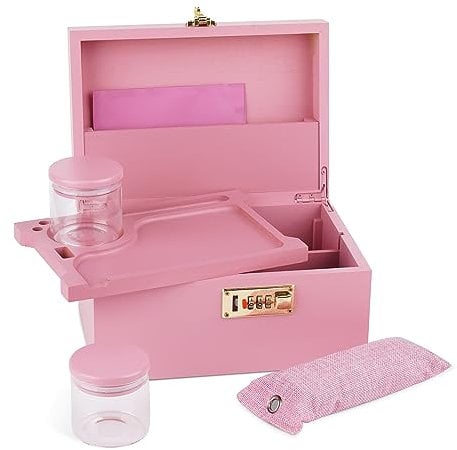 OZCHIN Große Bambusbox mit Zahlenschloss, Dekorative Aufbewahrungsbox für Zuhause, Geschenk, Aufbewahrungskiste mit Glasbehälter, Tablett, Wiederverschließbaren Beuteln und Mehr - Rosa