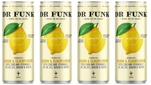 Dr. Funk Lemon & Elderflower Sparkling Flavoured Water with NO Sugar & NO Calories with 7 added essential nutrients, vitamins and minerals, Pack of 4 x 330ml cans