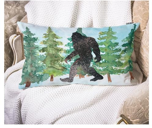 EKOBLA Big Foot Sasquatch Dekorativer Kissenbezug, Aquarell-Kiefer, Dschungel, Wildtiere, Leinen, Holz, dekorativer Kissenbezug für Bett, Sofa, länglich, rechteckig, 30,5 x 50,8 cm