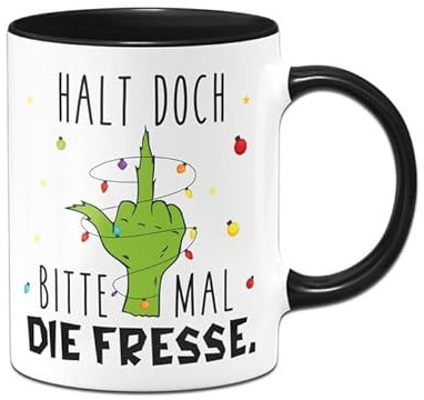 Tassenbrennerei Grinch Tasse - Grinch Tasse - Halt doch bitte mal die Fresse - Weihnachtsasse lustig - Kaffeetasse mit Spruch - Weihnachts-Deko (Schwarz)