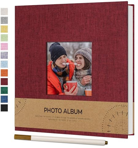 Vienrose Fotoalbum Selbstklebend Einkleben 10x15 Klein Leinen Photo Album mit 40 Weißen Seiten, Hochzeit Jahrestag Geburtstag Fotoalben mit Einem Kugelschreiber, 17x18cm, Rot