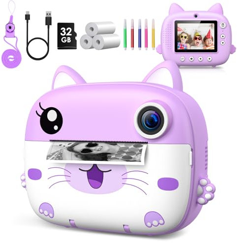 Appareil Photo Instantané Enfant, GREENKINDER 2,4 Écran 1080P HD Appareil Photo Numérique Enfant avec Papier d'impression & Carte 32GB, Stylo 5 Couleurs, Cadeau pour Filles Garçons 3-12 Ans