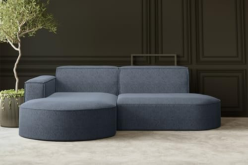 Kaiser Möbel, Ecksofa, Schlafsofa, Sofa Modena Studio Parma, Modern Design Couch, Polsterecke, Freistehend Sofa Wohnzimmer -Stoff Verita Marineblau Links