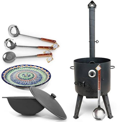 ZARENHOFF Feuerofen Utschak-Set Ø44 cm | Kazan 16L | Lagan usbekisch | Wok | Gusseisen Kazan Ø 46,5 cm flacher Boden | Thermometer | Lagan 37 cm | 2x Schaumlöffel | Schöpfkelle | Plov