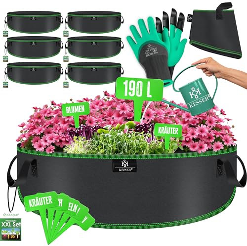 KESSER® Pflanzsack 190 Liter - 6er Set | Pflanzsäcke aus Vlies-Stoff inkl. Schildchen & Gartenhandschuhe | Kartoffel-Pflanztasche mit Fenster & Griffen | Pflanzbeutel für Gemüse Blumen Früchte Schwarz