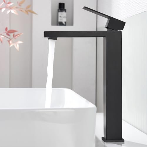 Kelleria Wasserhahn Bad Schwarz Hoch, Waschtischarmatur Schwarz matt, 244mm Armatur Badezimmer für Aufsatzbecken, Einhebelmischer Waschbeckenarmatur Edelstahl SUS304