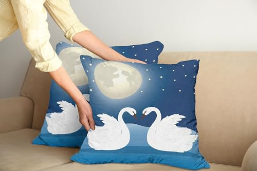 ABAKUHAUS Swans Kissenbezug 2er-Pack, Romantische Mondschein-Himmel-Ansicht bei Nacht Gracious Liebe, Kissenhülle mit Reißverschluss Beidseitiger Druck, 90 x 40 cm, Creme Dunkel Sky Blue