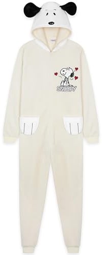 Peanuts Snoopy Pigiama Intero Donna e Adolescenti con Cappuccio e 3D Orecchie, Accogliente Pigiami in Pile, Regalo Donna