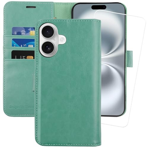 MONASAY for iPhone 16 5G wallet case,[Glass Screen Protector Included] [RFID Blocking] Flip Folio Leather Cell Phone Cover with Credit Card Holder, 6.1-inch, Mint