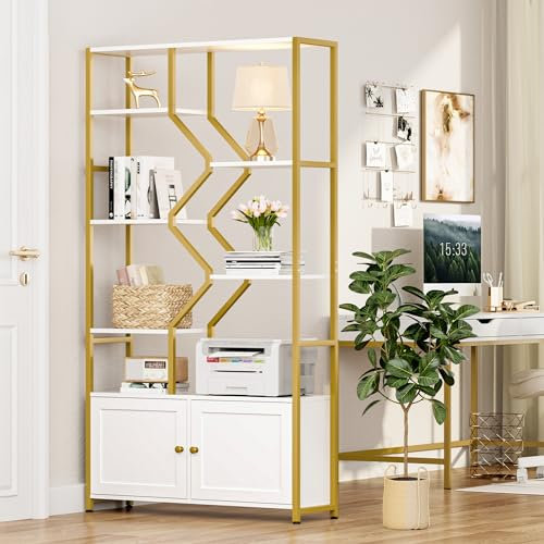Keyluv 76 Tall Gold Bookshelf with Cabinet Storage, Multifunctional Open Display Bookcase with Door, Large Book Shelf Organizer for Living Room, Home, Office, Heavy Duty Metal & Wood, Modern White