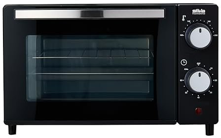 Silva Schneider MB 1000, Minibackofen, 10 L, schwarz, 650 Watt, Temperaturregelung 100-230 °C, Timer mit Endsignal, Quarzheizelemente, Doppelglastür, Inklusive Backblech, Grillrost & Griff