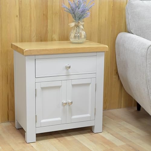 GROFurniture Tusk Grey Small Cabinet with Drawer, Grey Storage Cabinet with Oak Top, Mini Sideboard for Livingroom or Hallway Telephone Table, Ready Assembled Cabinets