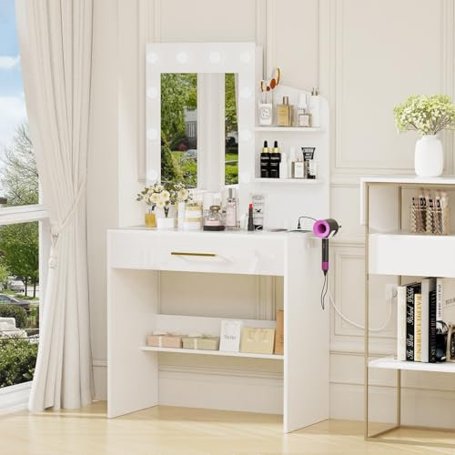 Chleby Schminktisch mit Spiegel Schminktisch mit LED-Beleuchtung Frisiertisch mit Steckdosen und Haartrocknerhalter Kosmetiktisch mit 1 schubladen 80x40x145 cm Weiß