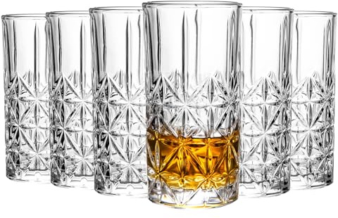 binsakao Highball Glasses - 410 ML Drinking Glasses Set of 6 - Tumblers Water Glasses - Glassware Sets - Collins Tall Beverage Cups for Cocktail, Drinks, Water, Beer, Soda