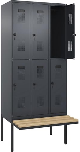 kaiserkraft | Doppelstock-Spind Evolo Plus Sitzbank | 3 Abteile | grau | B 900 mm | Sicherheits-Drehriegel | mit auskragender Sitzbank | Buche