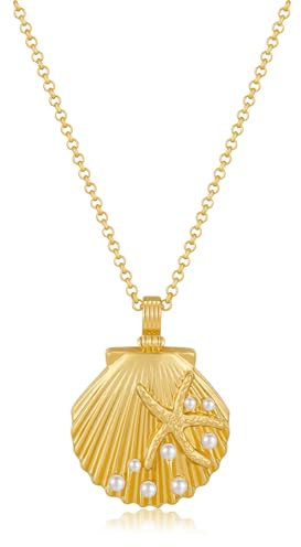 LILIE&WHITE Damen Halskette - Elegante vergoldete Muschel und Seestern Anhänger Kette mit Perlenakzenten - Maritimer Schmuck für besondere Anlässe und Alltag