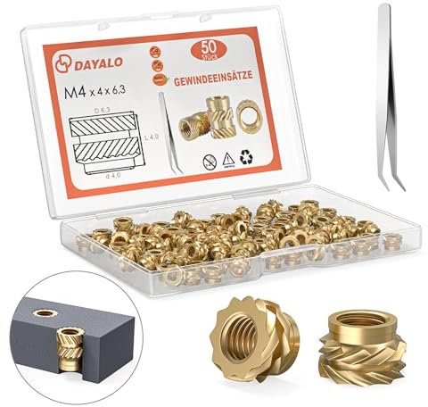 Dayalo M4 Gewindeeinsatz, 50 Stück M4x4x6,3 Einpressmuttern für 3D Druck Zubehör, Messing Gewindebuchsen, Durch Wärme in 3D-Druck-Teile aus Kunststoff Einsetzbar