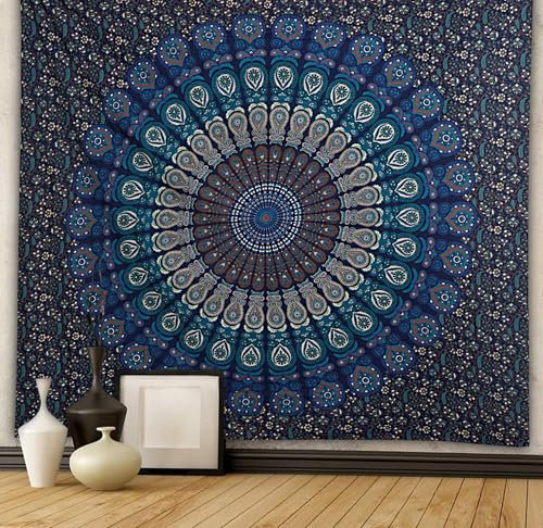 FURNISHFUL FINESSE Mandala Wandteppich Marineblau Wandbehang Wandteppiche Boho Pfau Wandtuch für Dekor Zuhause und Wohnzimmer– 137 x 213 cm