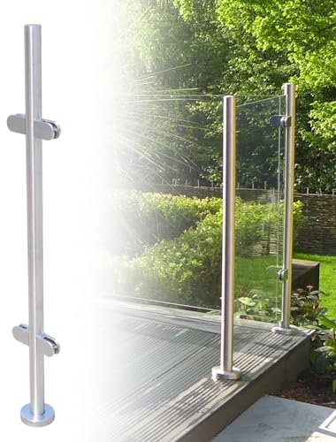 110cm Edelstahl Glasgeländer Pfosten, Glasgeländerpfosten mit Glasklemmen Handlauf Geländer für 8~12mm Glas/Holz, für Balustrade, Zaun, Balkon, Treppe, Terrasse, Silber