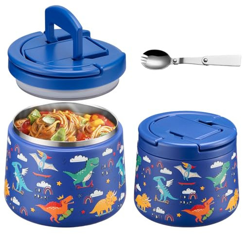 Itslife Thermobehälter für Essen 420ml, Warmhaltebehälter Essen Edelstahl mit Deckel und Löffel, Thermo Lunchbox Kinder Auslaufsicher, Essensbehälter für Picknick, Schulen und Büros, Dinosaurier