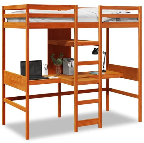 KTHLBRH Bettgestell Familienbett Doppelbett Schlafzimmer möbel Hochbett mit Schreibtisch & Ablagen Braun 90x200 cm Kiefernholz