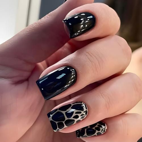 24pcs Medium Length Press on Nails Square False Nails Black Fake Nails Leopard Print Stick on Nails Removable Glue-on Acrylic Nail Tips Accessories for Women