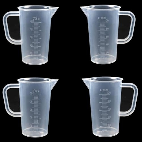 CUEMOON Misurino da 100 ml, 4 misurini piccoli, misurino per ml, in plastica, trasparente, resistente al calore per laboratorio, per detersivi, cucina, cottura