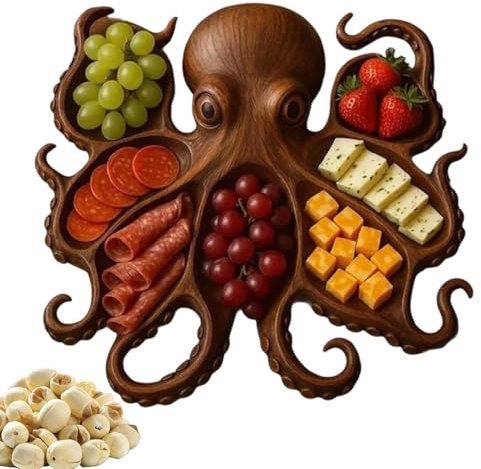 Wood Serving Platter - Beech Wood Serving Platter | Round Shaped Serving Bowl for Fruit | Charcuterie Board Octopus-Shaped Dinnerware for Entertainers Kitchen Seafood Lovers Counter Meat