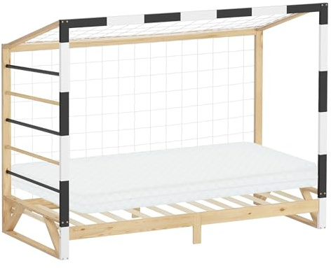 ML-Design Kinderbett Fußballtor 90x200 cm mit Matratze H:10cm, Holzbett mit Lattenrost & Tornetz, Jugendbett aus Kiefernholz, Einzelbett für Kinder, Bettgestell mit Holzrahmen, Handballtor